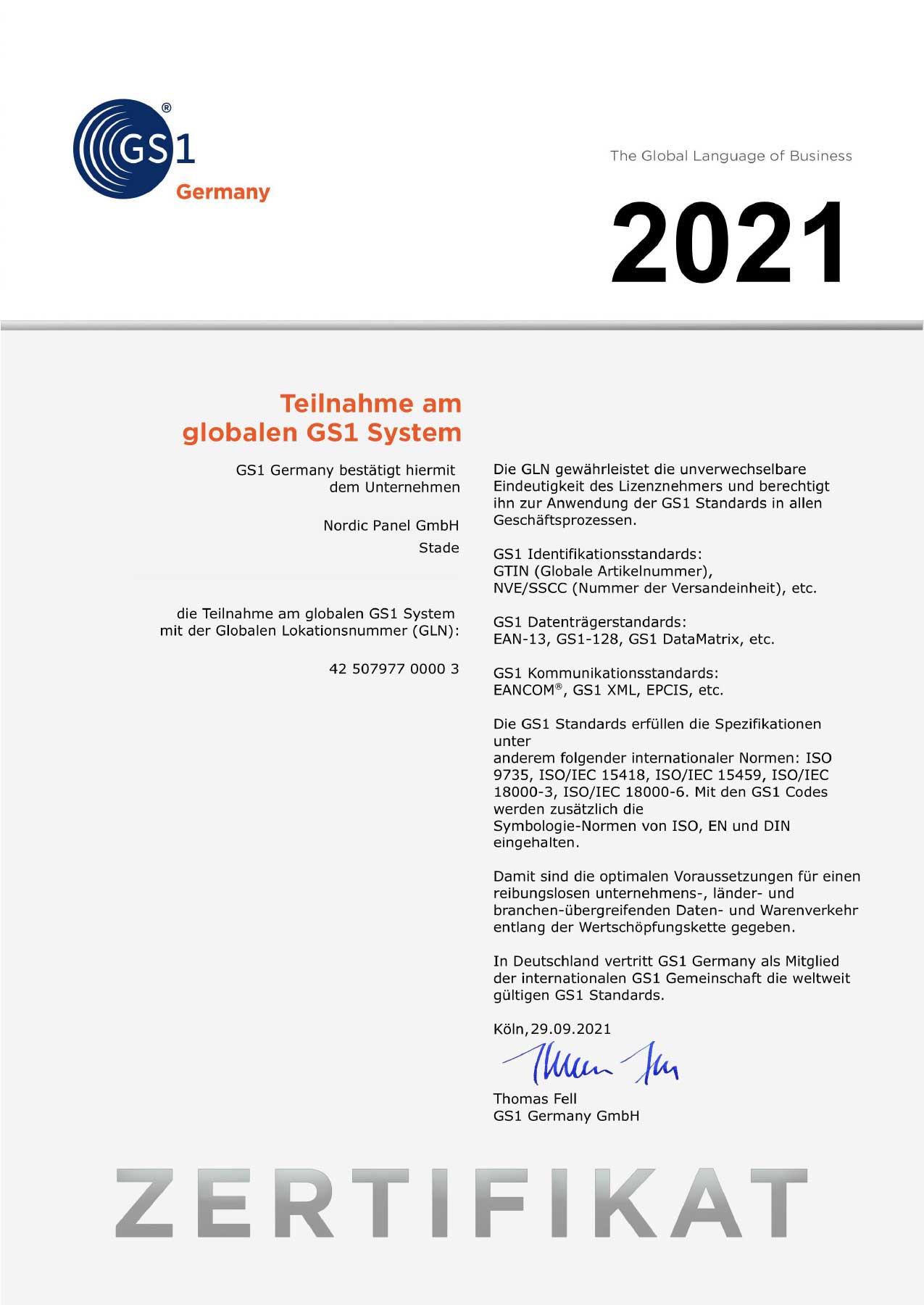 GS1 Zertifikat 2021
